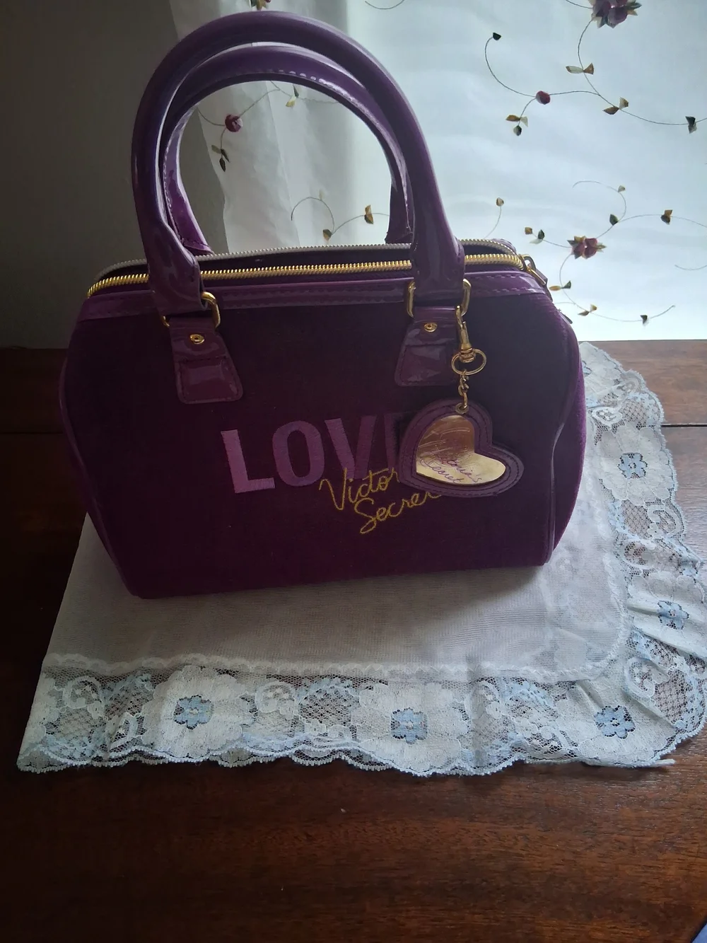 Victoria's Secret Purple Velvet Satchel with Glossy Handles